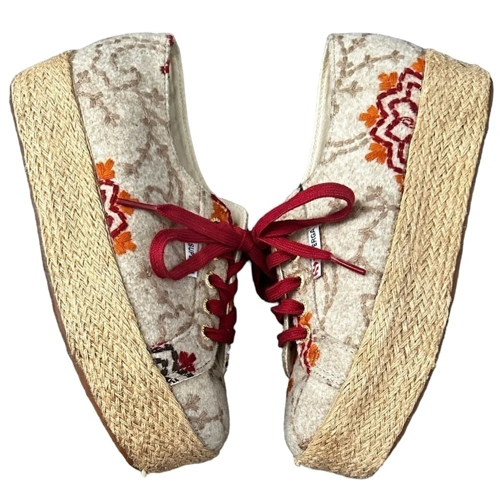SUPERGA Wool Embroidered Espadrilles Platform Sneakers Shoes 7.5